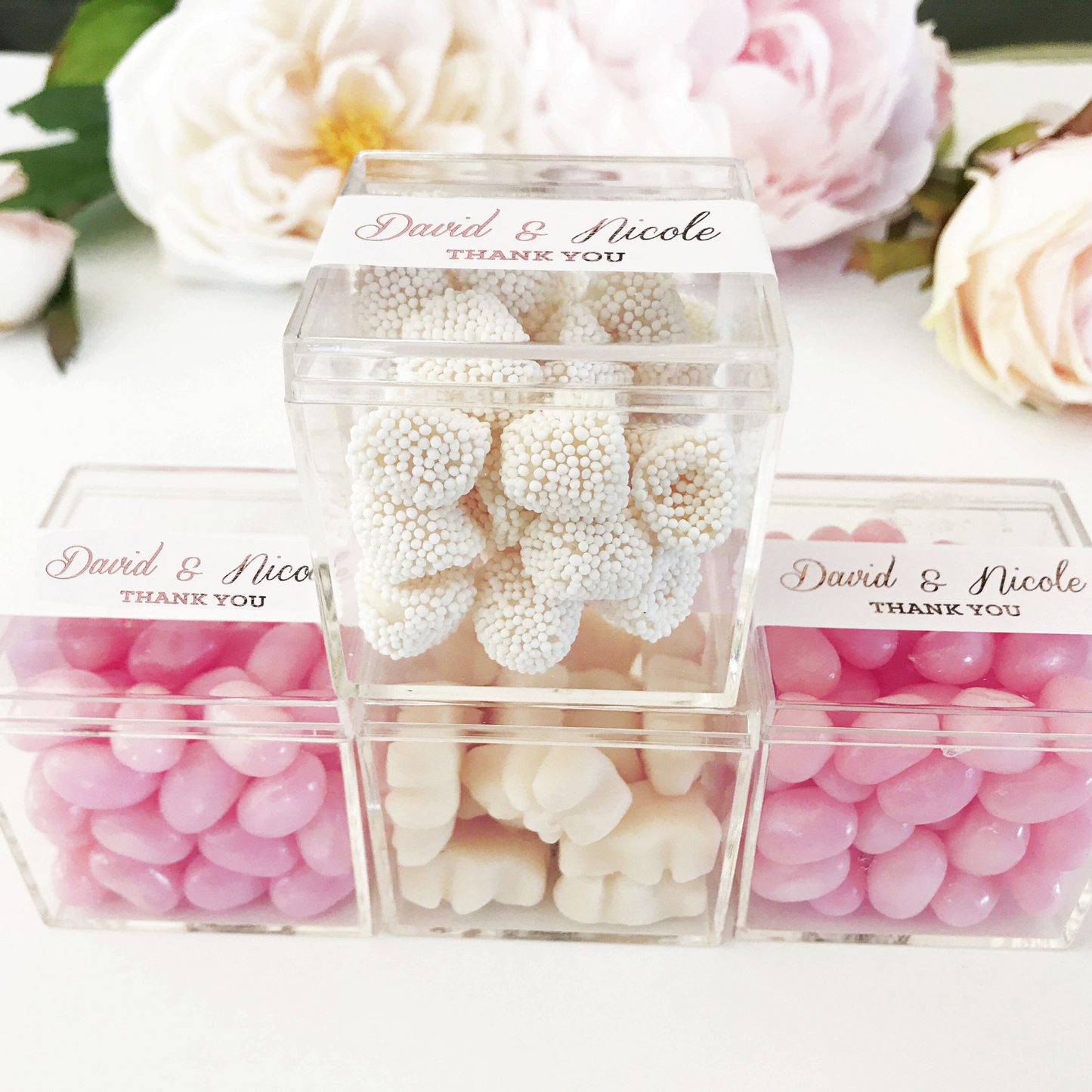 Clear Acrylic Favor Boxes & Labels with Foil Text