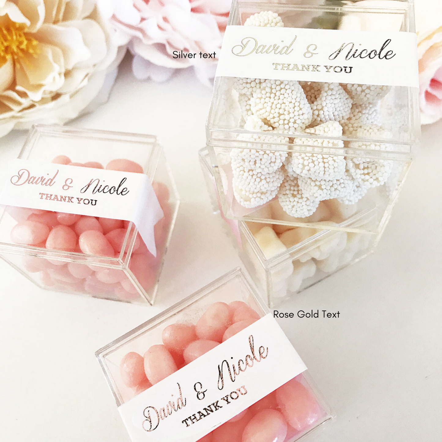 Clear Acrylic Favor Boxes & Labels with Foil Text