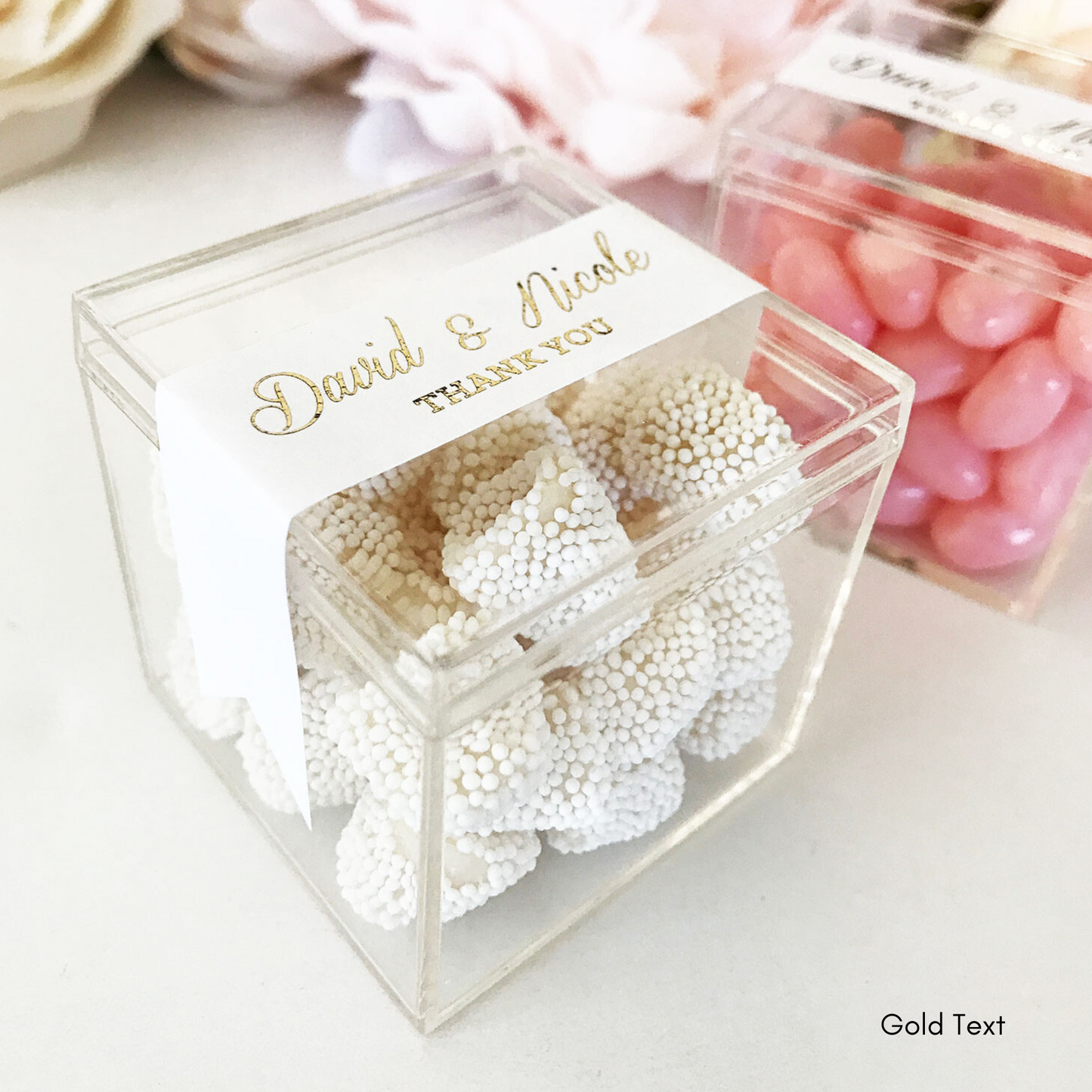 Clear Acrylic Favor Boxes & Labels with Foil Text