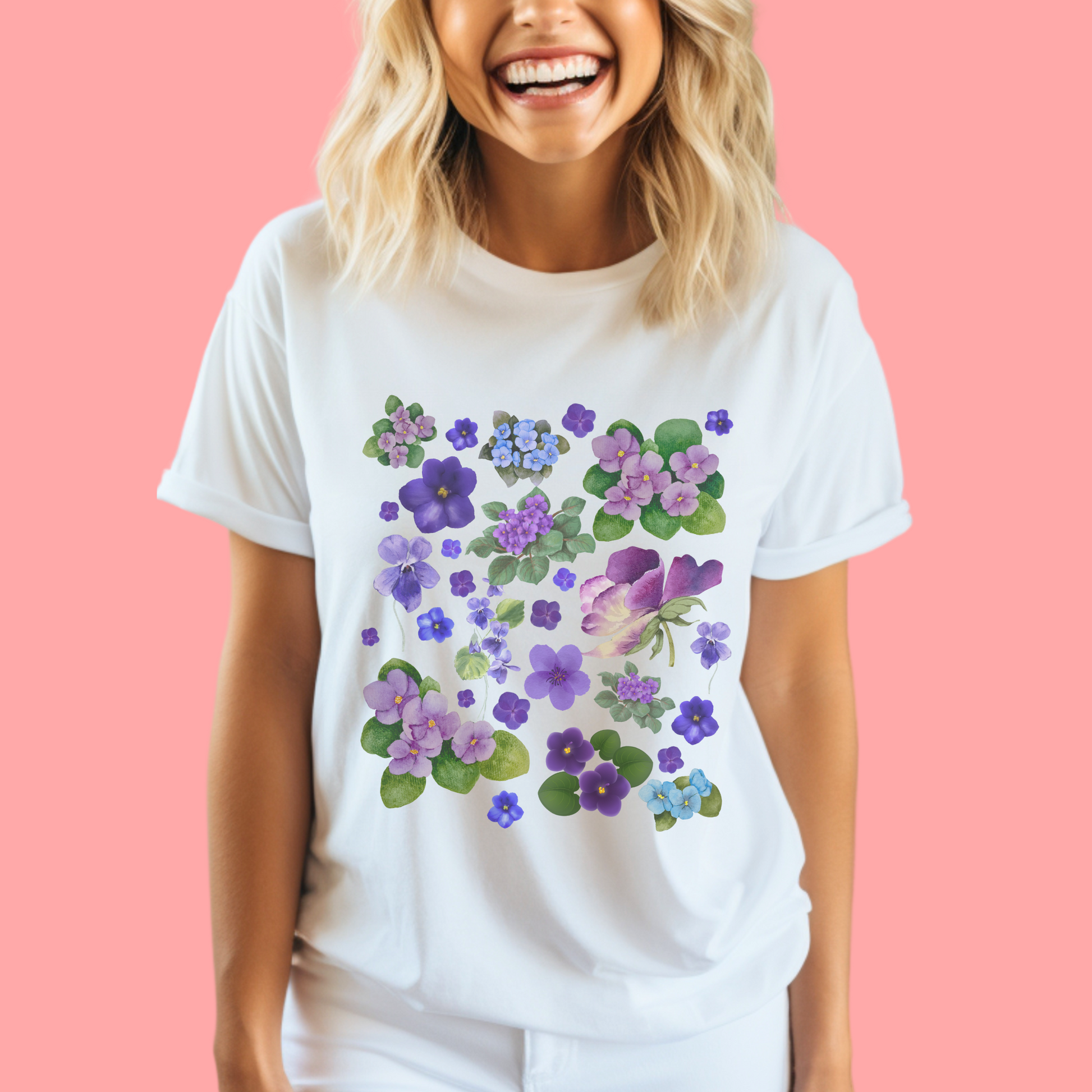 Birth Flower Shirt Print Flower Violet African Purple Flower Art Top Floral T-Shirt Flower Tshirt Birthday Gift Women February Birth Month