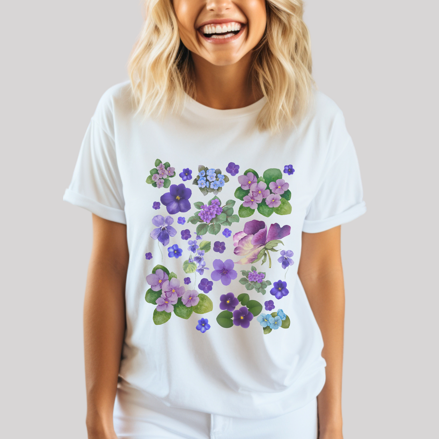 Birth Flower Shirt Print Flower Violet African Purple Flower Art Top Floral T-Shirt Flower Tshirt Birthday Gift Women February Birth Month aloha sunshine designs