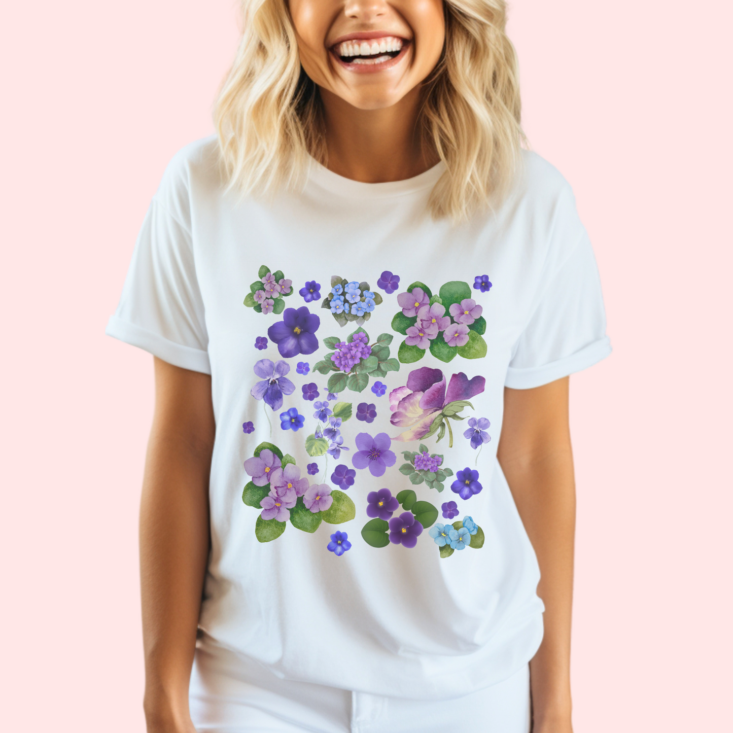 Birth Flower Shirt Print Flower Violet African Purple Flower Art Top Floral T-Shirt Flower Tshirt Birthday Gift Women February Birth Month aloha sunshine designs