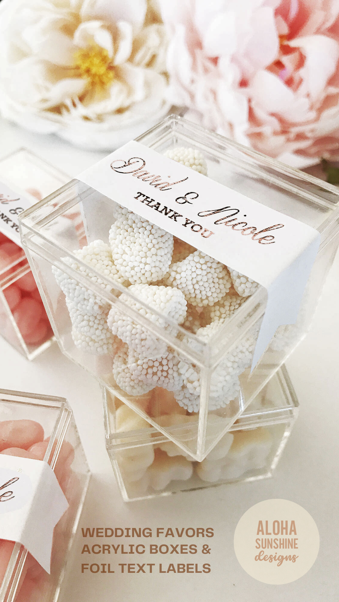 Clear Acrylic Favor Boxes & Labels with Foil Text