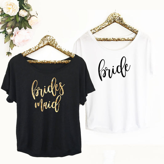 aloha sunshine designs, bridesmaid shirts, bachelorette party shirts, gold foil bridesmaid shirts, 