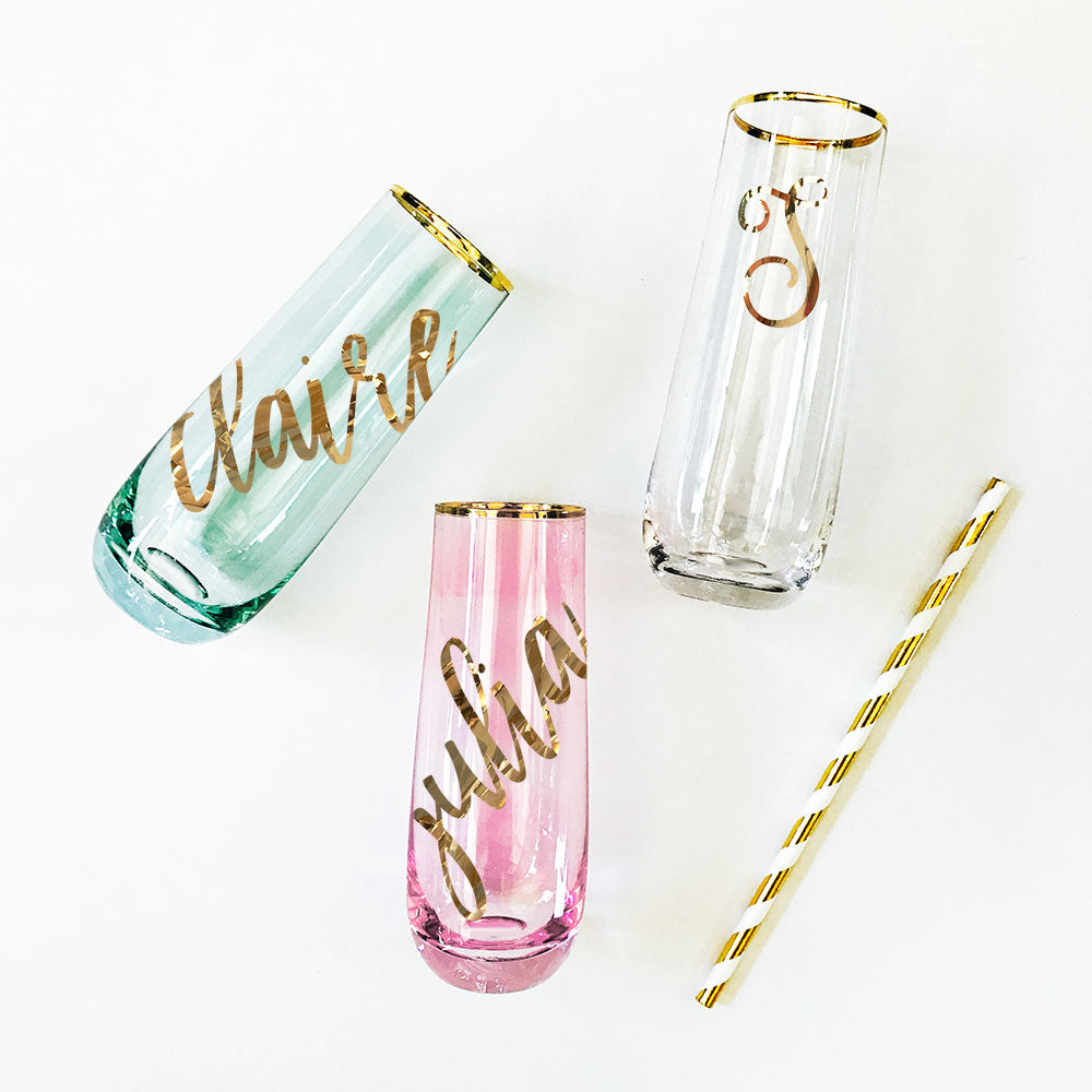 Stemless Champagne Flutes Personalized with Script Name – Aloha Sunshine  Designs