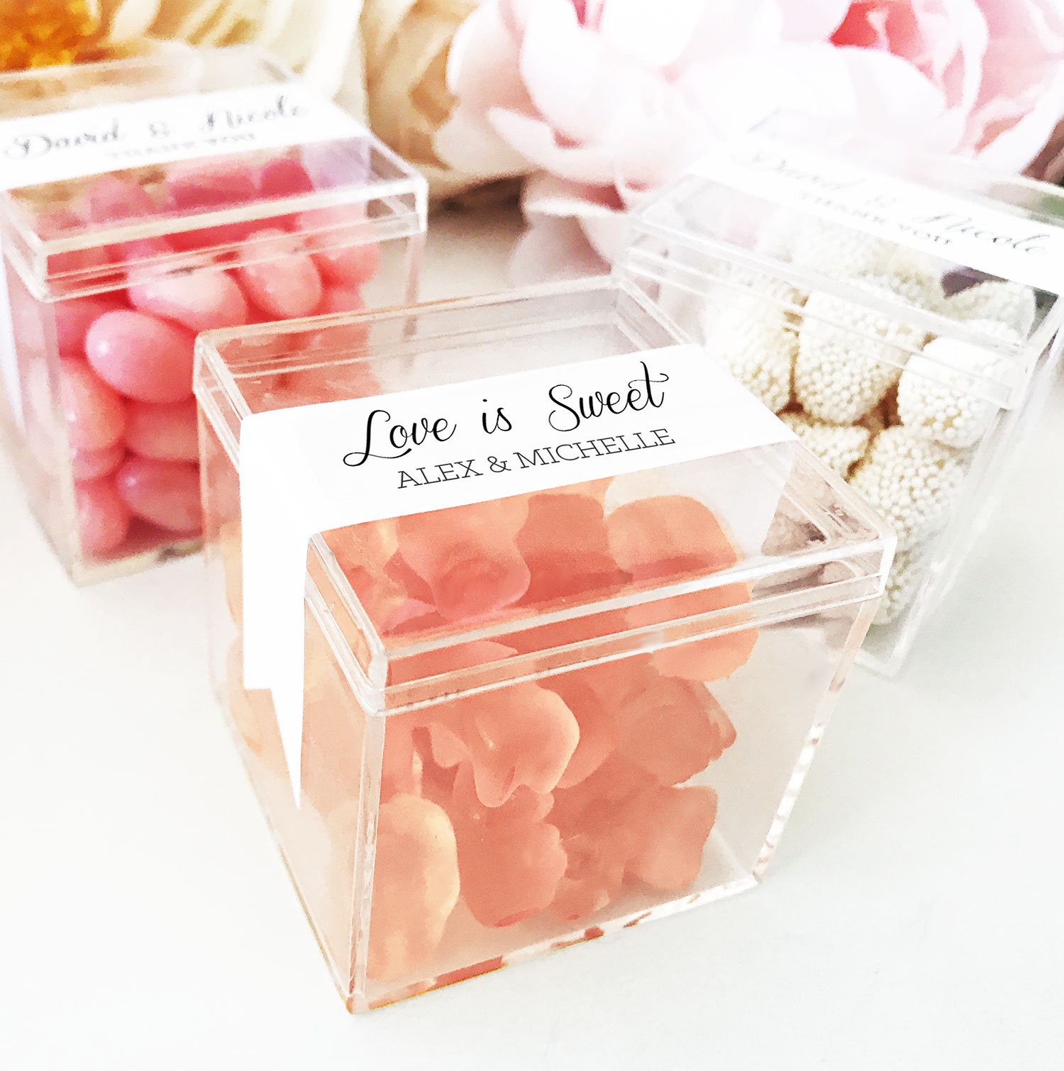 Transparent acrylic boxes for wedding favors