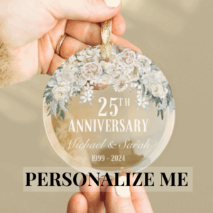 25th anniversary gift, silver anniversary present, personalized couple ornament, wedding anniversary keepsake, custom Christmas decoration, parents anniversary gift, grandparents celebration gift, romantic milestone present, 25 years married gift, silver wedding commemoration, personalized anniversary decor, couple's names ornament, wedding date keepsake, anniversary party decoration, sentimental Christmas ornament, custom couple gift, marriage celebration ornament, silver anniversary memento, 25th wedding 
