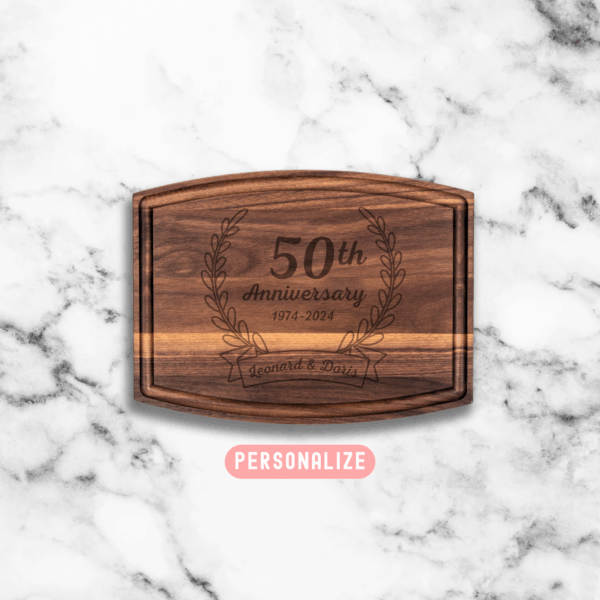 Golden anniversary gift, 50th wedding anniversary present, Unique anniversary keepsake, Customized walnut cutting board, Personalized 50th anniversary gift, Elegant kitchen decor, Luxury walnut serving board, Handcrafted anniversary gift, Bespoke wooden cutting board, Sophisticated anniversary memento. Aloha Sunshine Designs