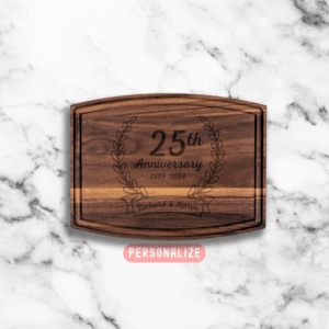 25th anniversary walnut cutting board, personalized walnut cutting board gift, unique 25th anniversary present, customized wooden cutting board, engraved walnut board for anniversary, bespoke 25th anniversary kitchen gift, handcrafted walnut cutting board, special 25th anniversary keepsake, custom engraved wooden serving board, artisanal walnut chopping board for 25th anniversary