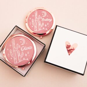 Sure, here are the keywords with commas instead of numbers:  Rustic bridesmaid gifts, Western-themed party favors, Personalized cowgirl accessories, Customized desert wedding favors, Cowgirl bridal shower gifts, Desert-inspired compact mirrors, Unique cowgirl party favors, Personalized western souvenirs, Custom cowgirl keepsakes, Bachelorette party favors