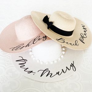 aloha sunshine designs, beach please, mrs sun hat, personalized mrs gifts, mrs gifts, sun hat, bridesmaid gifts, beach party