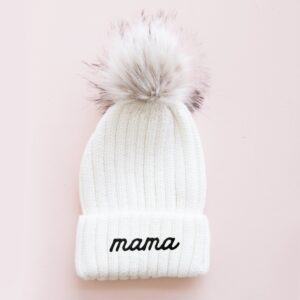 beanie pom pom,  mama beanie, mom beanie, mom beanie fur pom, aloha sunshine designs