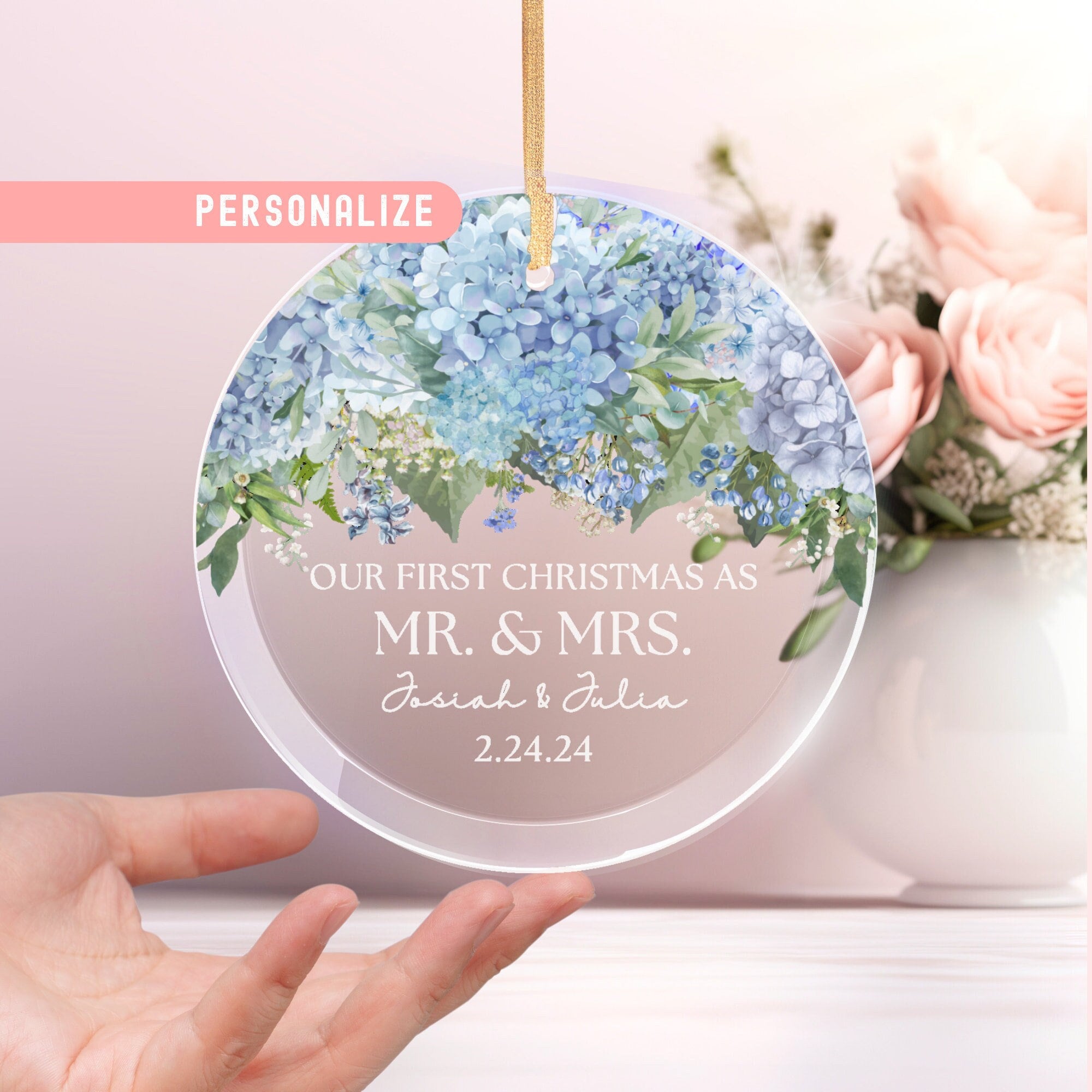 Mr and Mrs First Christmas Ornament Wedding Our First Christmas as Mr Mrs Ornament Glass Married Newlywed Gift Couple Dusty Blue Hydrangea, aloha-sunshine-designs