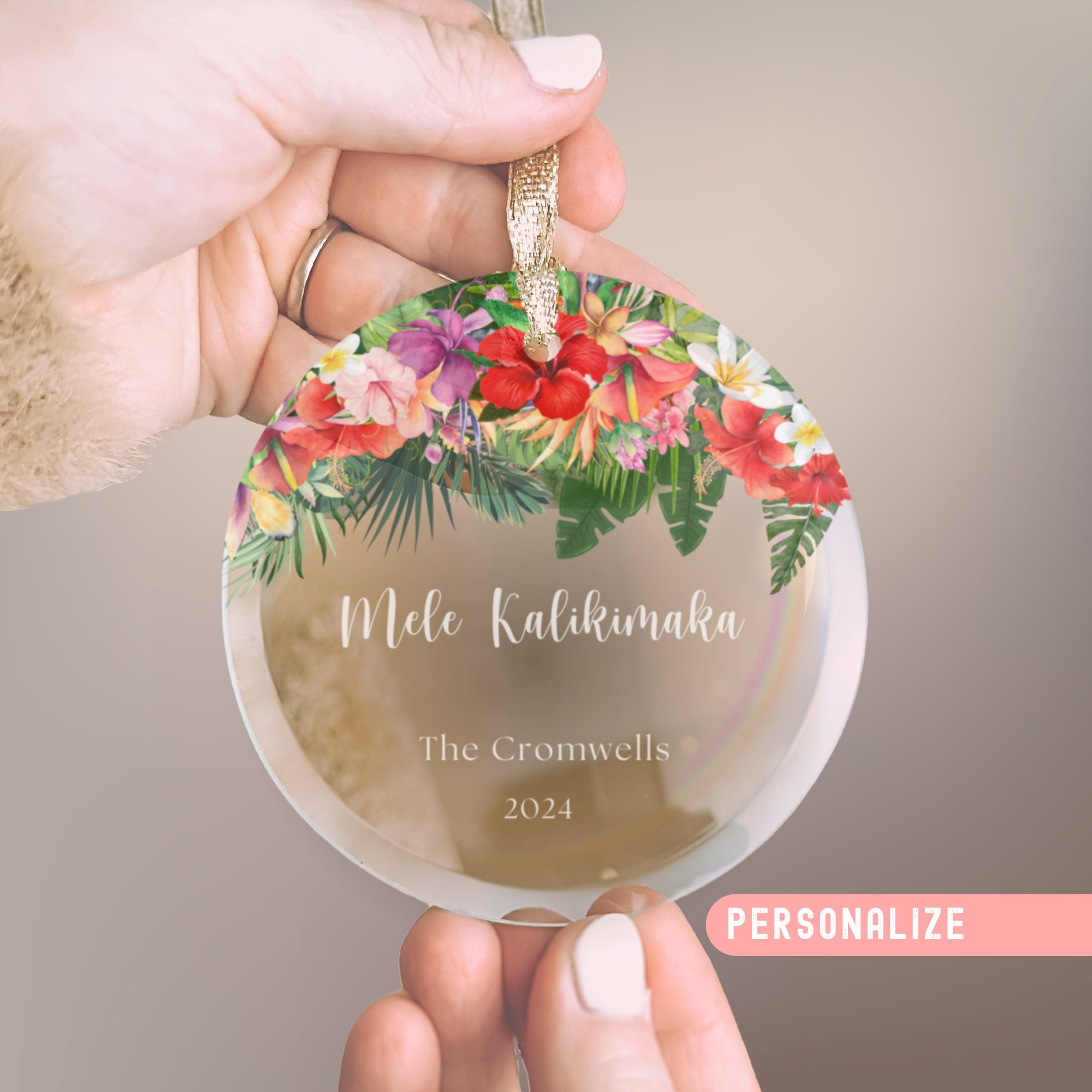 personalized hawaiian ornament, hawaiian ornament glass, glass hawaiian ornament, mele kalikimaka ornament, tropical christmas ornament, personalized ornament, hawaii ornament, made in hawaii, aloha-sunshine-designs