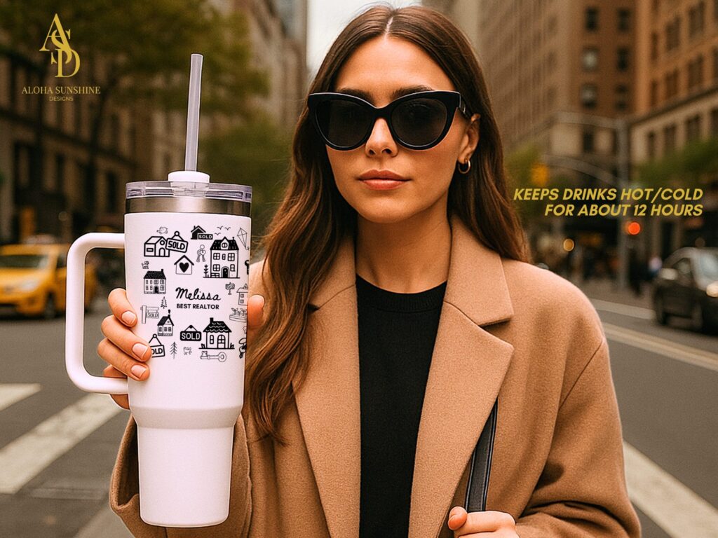 realtor tumbler personalized with name and title with design of sold homes in a whimsical style on a 40 oz tumbler with handle and straw