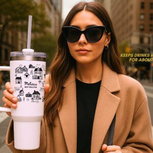 realtor tumbler personalized with name and title with design of sold homes in a whimsical style on a 40 oz tumbler with handle and straw